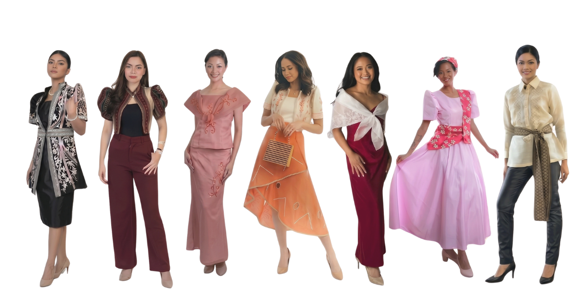 Seven examples of colourful modern Filipiniana outfits, including dresses, separates, and a tailored barong ensemble