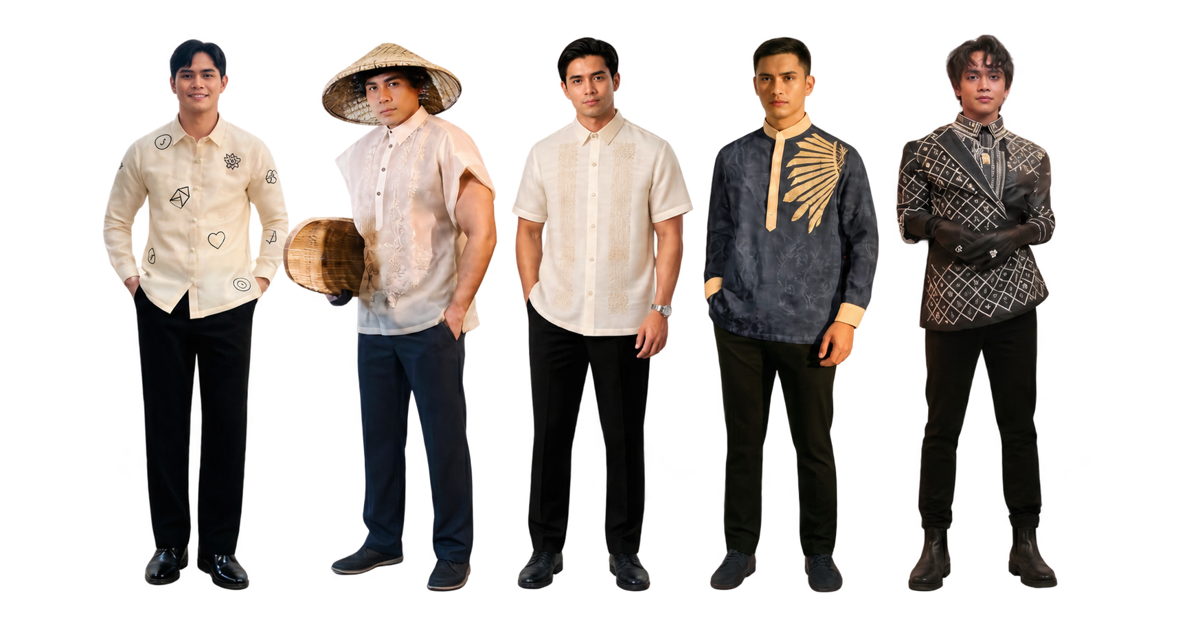 Five examples of traditional cream and contemporary embroidered Barong ensembles with tailored trousers